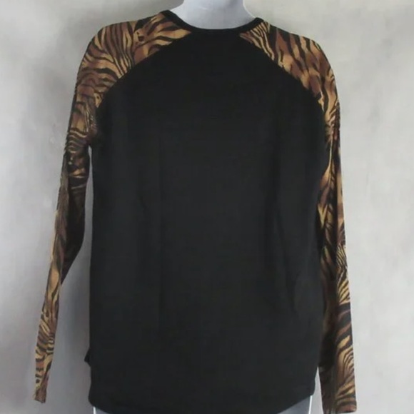 Women’s Black Top with Brown Tiger-Print Raglan Sleeves - Picture 2 of 2